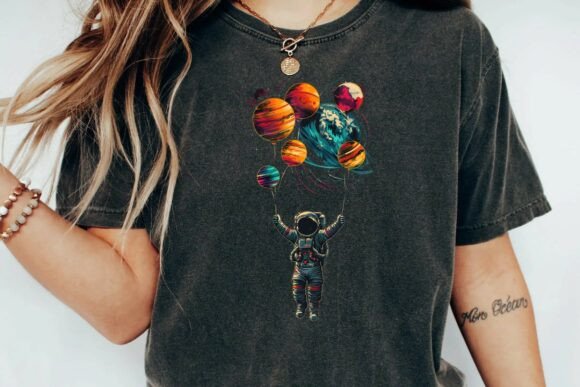 Astronaut Floating with Planet Balloons Retro Space Art