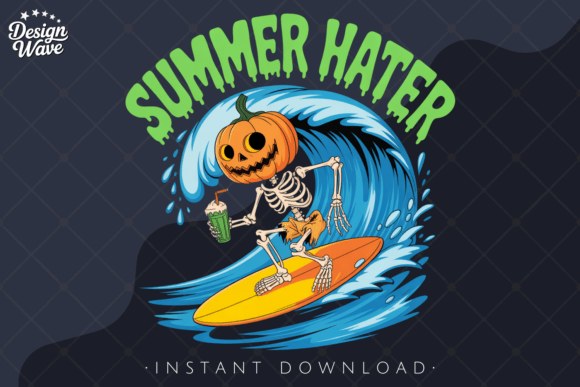 Laugh-Out-Loud Summer Style: Funny Pumpkin Skeleton Surfing PNG