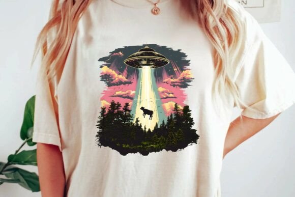Unlock Nostalgia with the Retro UFO Cow Abduction Scene Graphic